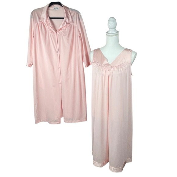 VTG Vanity Fair Nightgown Robe Set Sz M Silky Pink Coquette 80s Peignoir USA